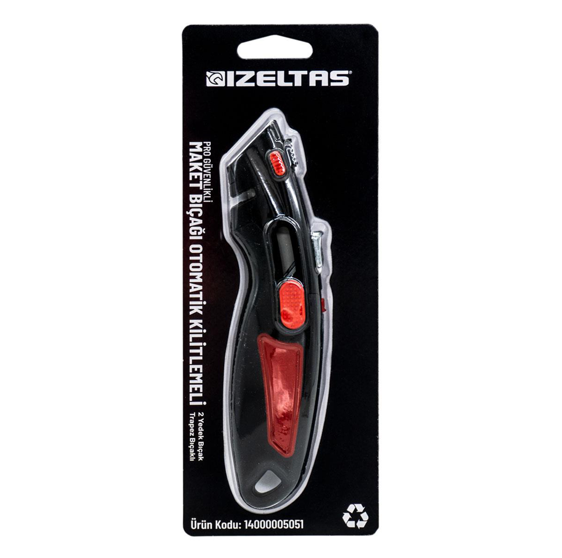 İzeltaş Pro Güvenlikli Otomatik Kitlemeli Trapez Maket Bıçağı (2 Yedek Bıçaklı)
