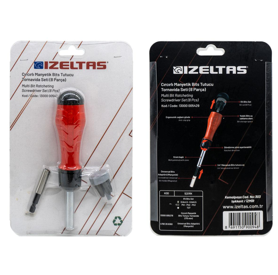İzeltaş 8 Parça Cırcır Manyetik Bits Uçlu Tornavida Seti